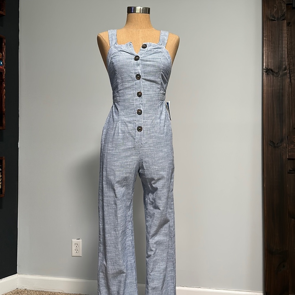 Button down pin striped jumpsuit